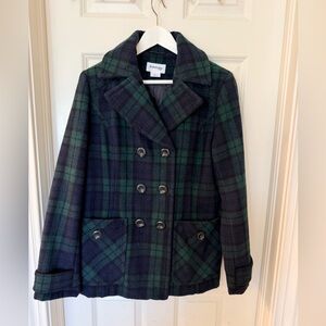 St. John's Bay Green, Navy, Black Blackwatch Plaid Pea Coat